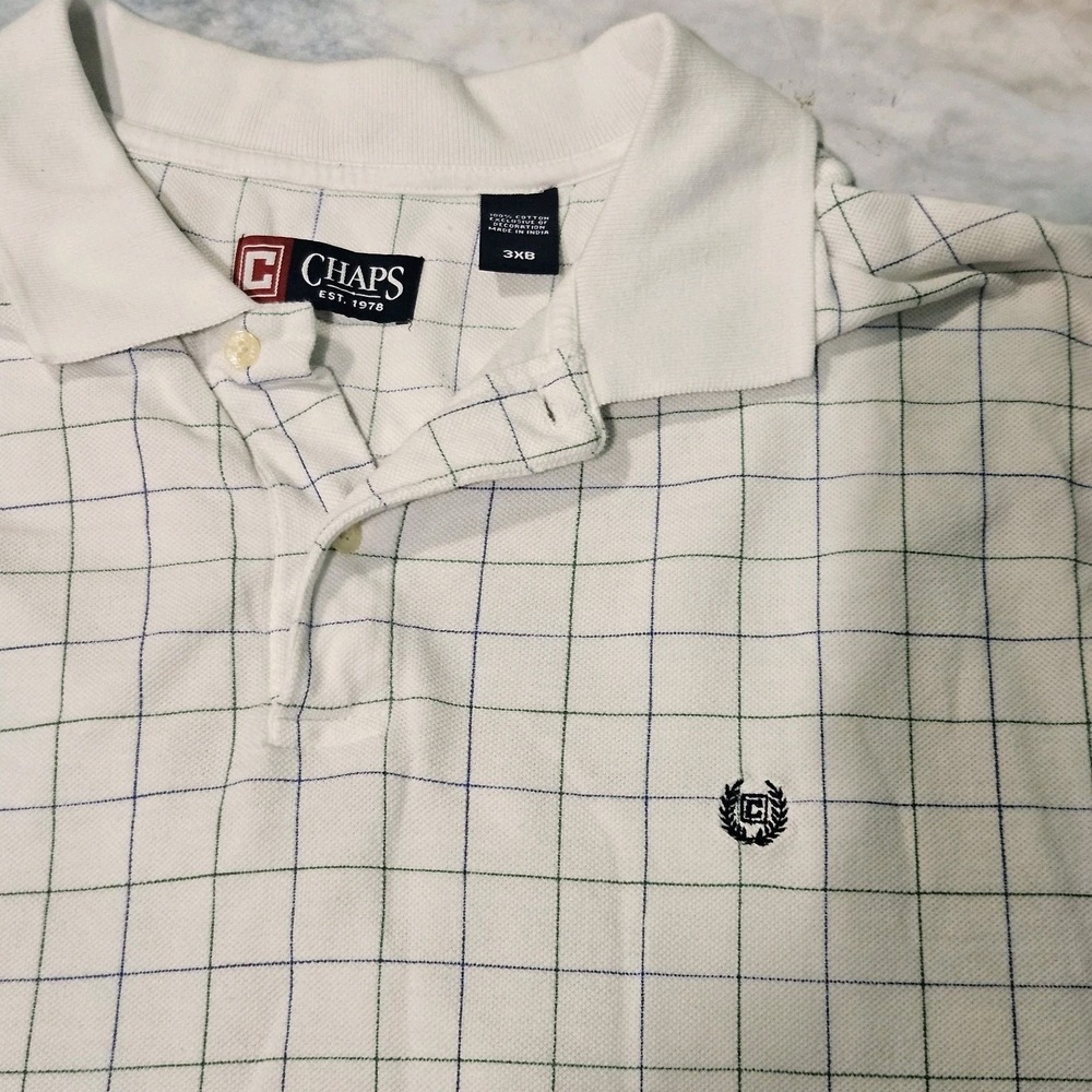 Chaps Men's 3XB Polo Shirt White Blue Green Plaid 100% Cotton Big‎